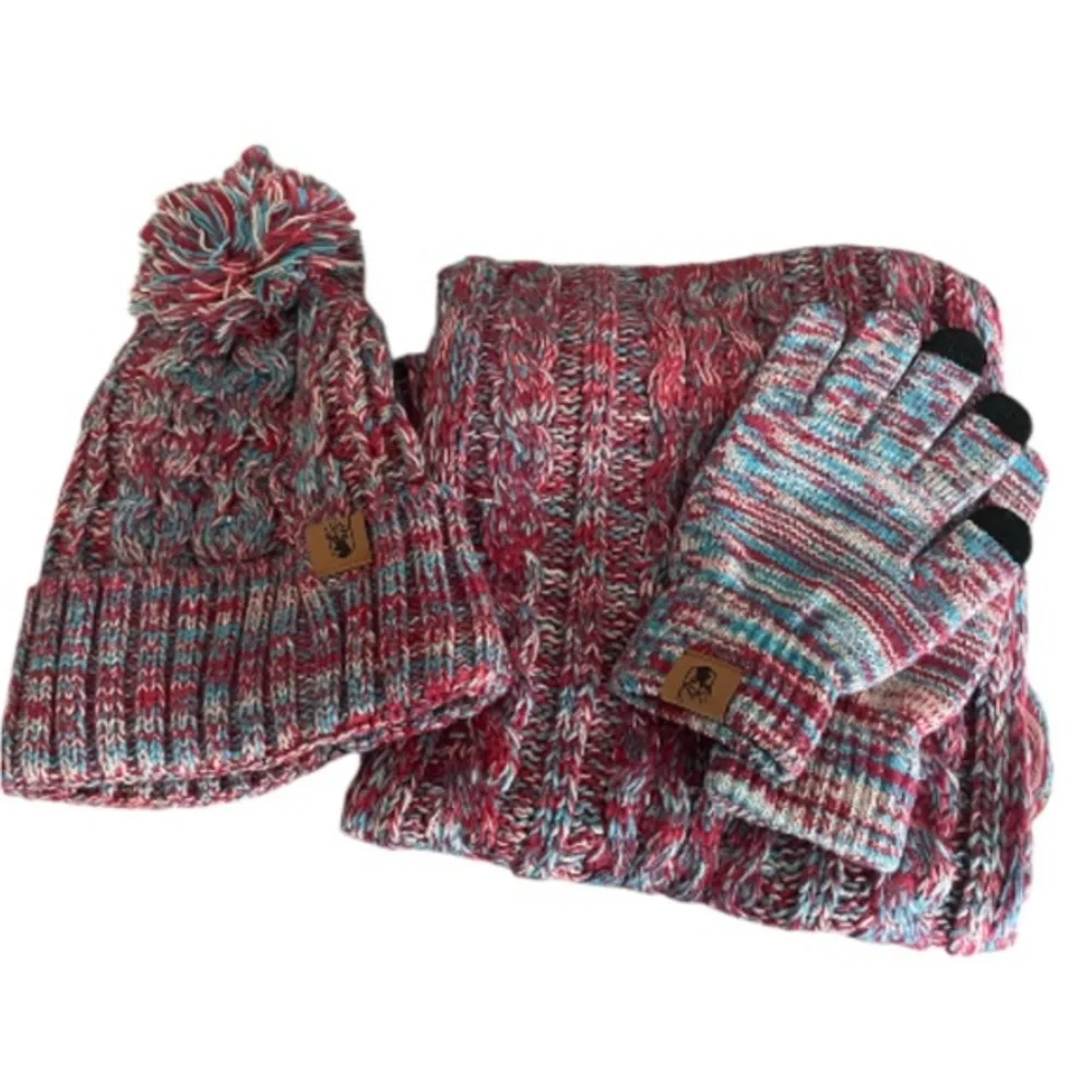 Cozy Multicolor Knit Hat, Scarf, and Gloves Set